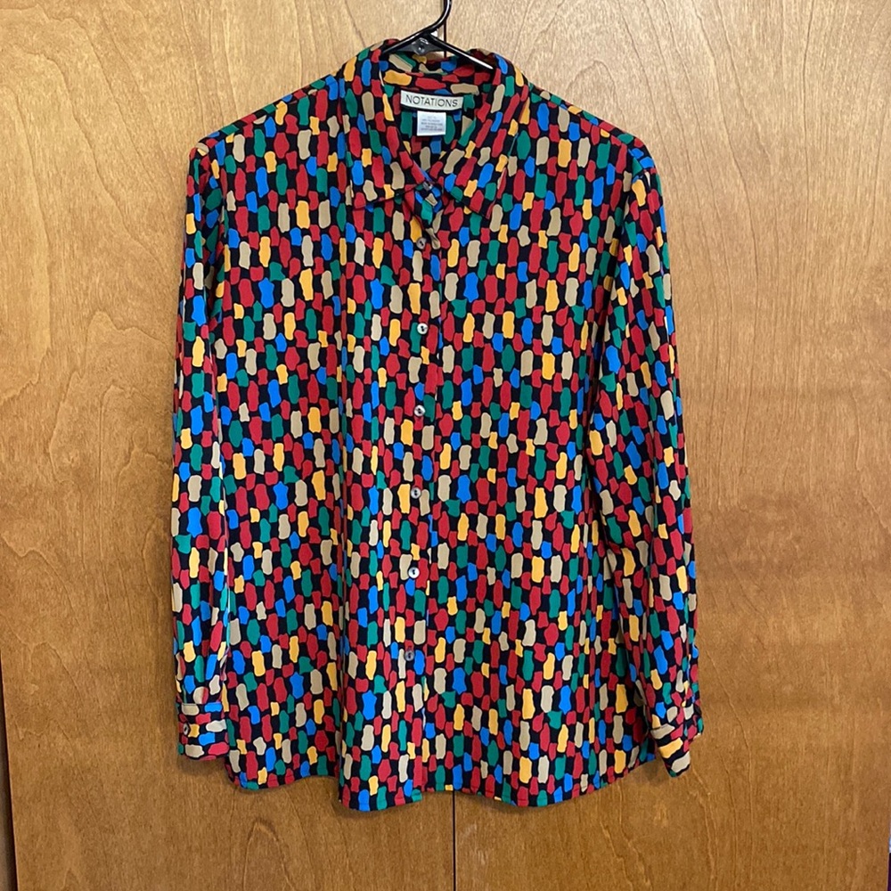 Notations red black patterned blouse size large